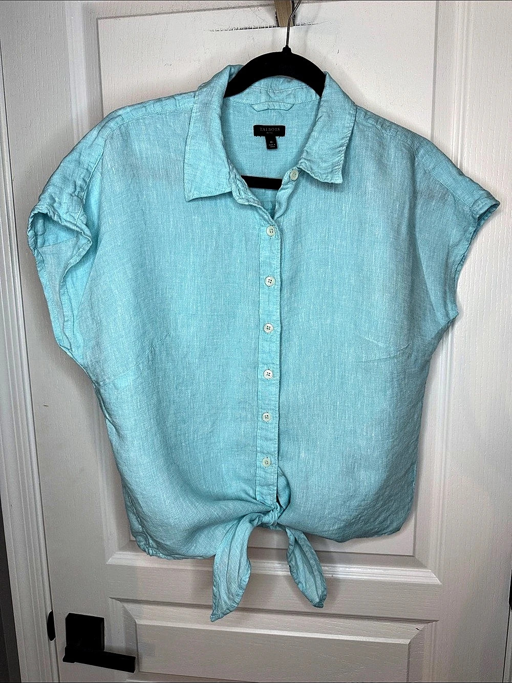 Talbots Linen Tie Hem Button Front Top Down in Blue Size